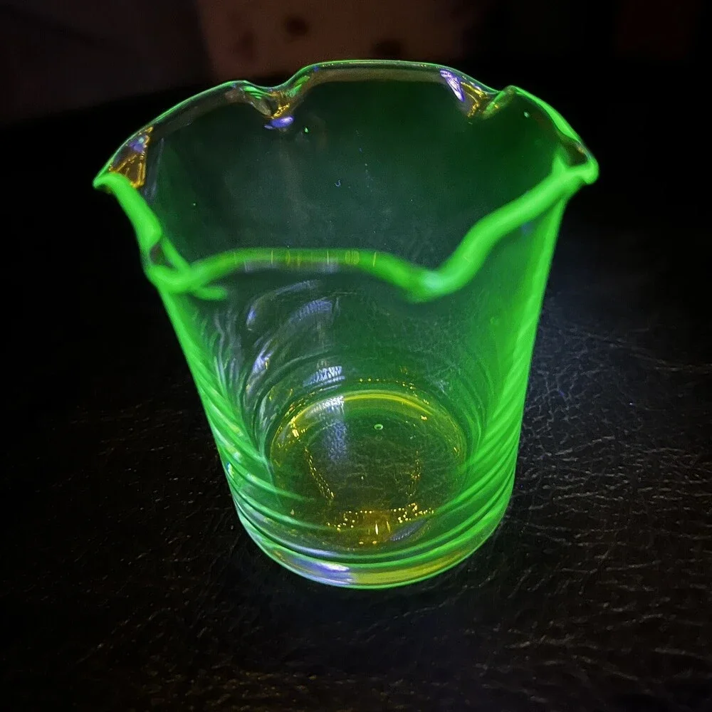 VTG Green Uranium Vaseline Glass Shot Glass Glow Retro Barware 2.25